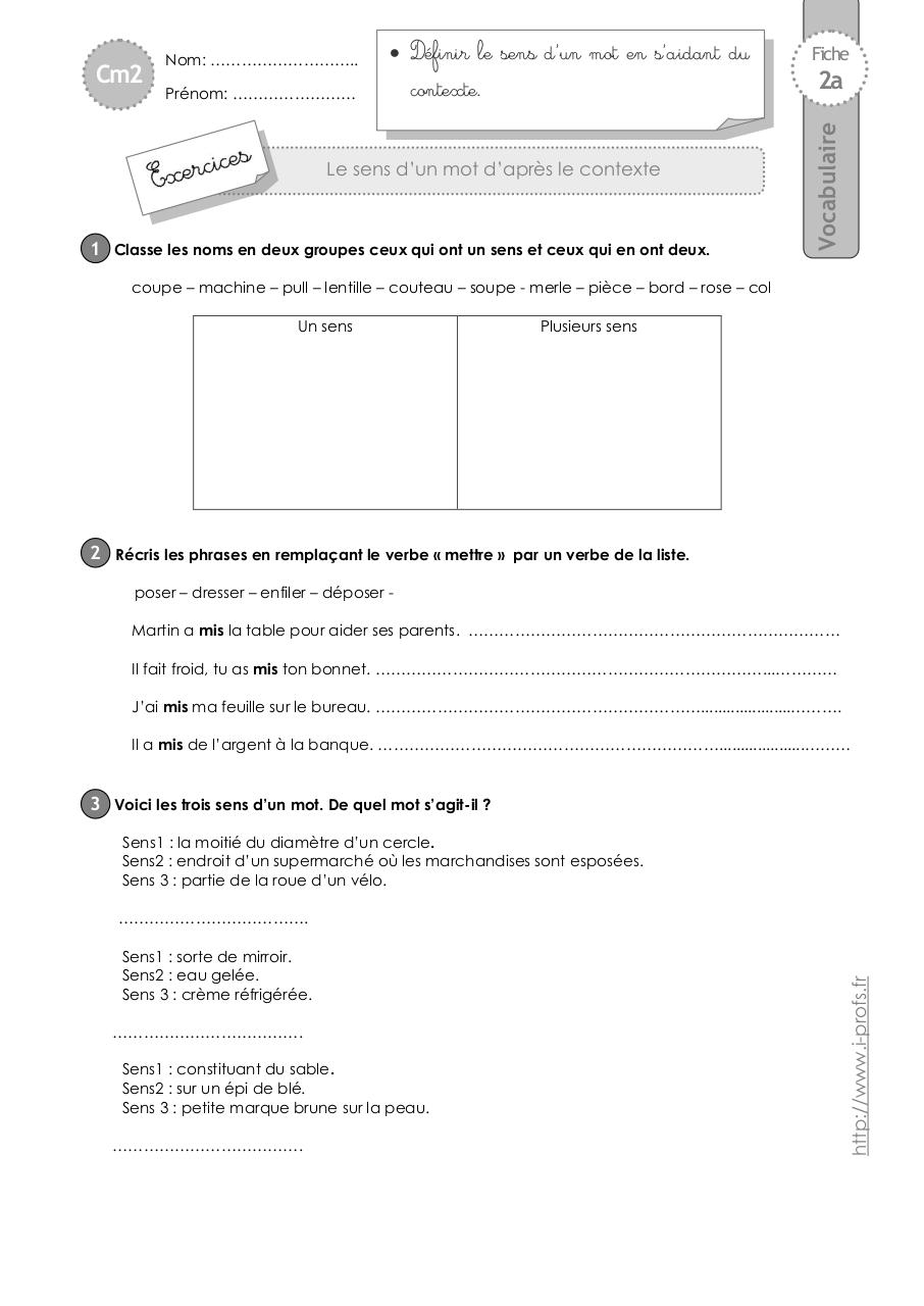 Aperçu du document cm2-exercices-sens-mot.pdf - page 1/4 cm2-exercices-sens-mot.pdf - page 1/4