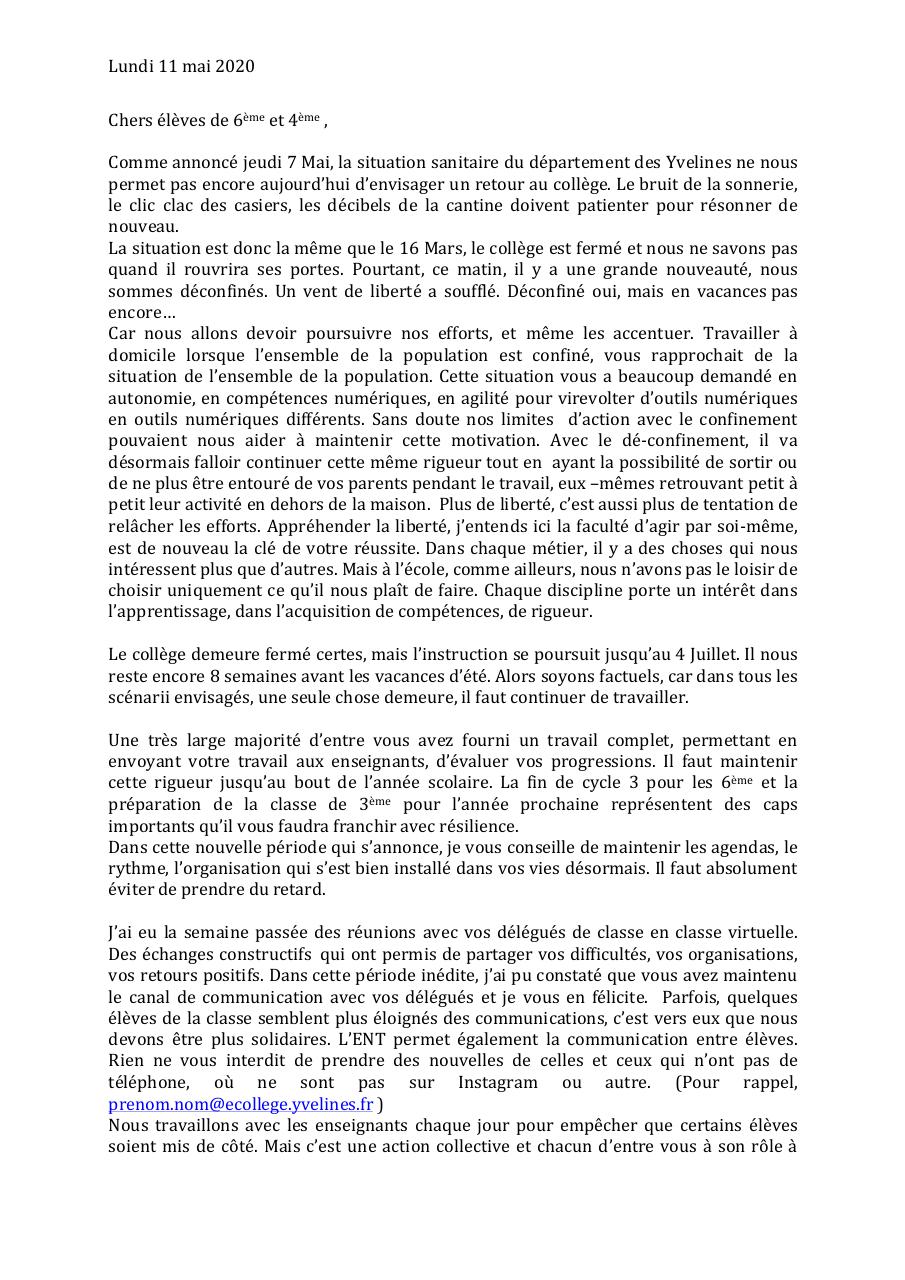 Lettre aux élèves 6è-4è 11 mai 2020.pdf - page 1/2