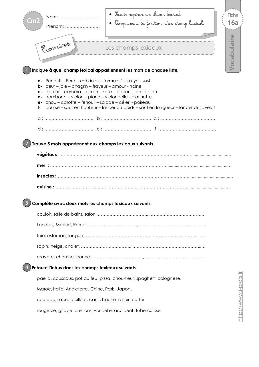 Cm2 Exercices Champs Lexicaux Par Eric